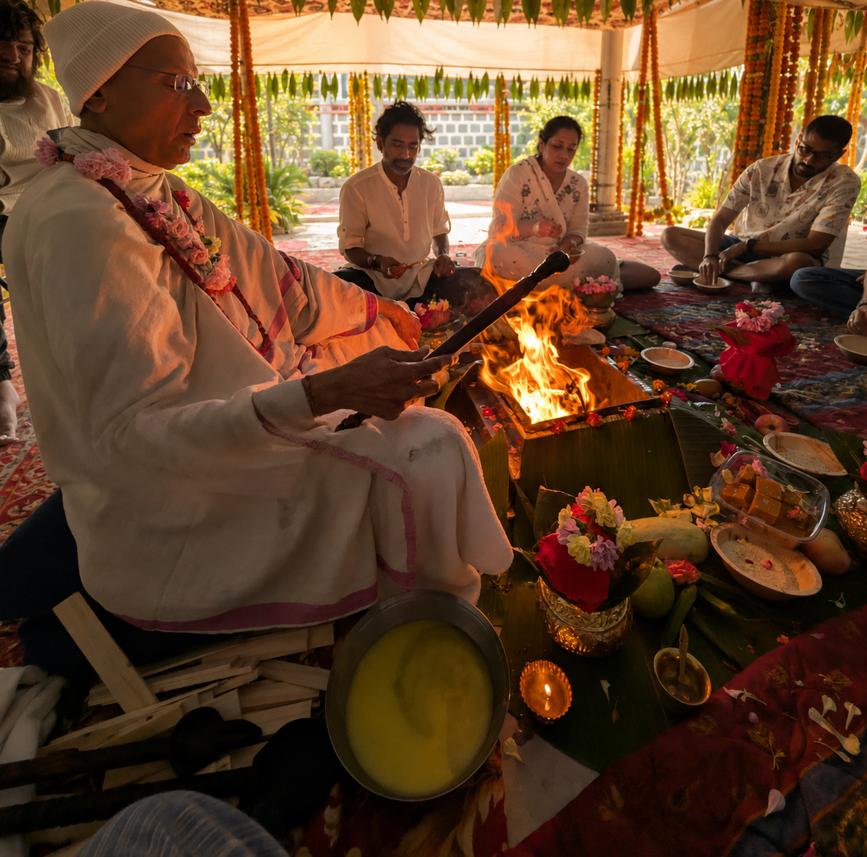 A brahmana offering ghee into the sacred fire as the Sanga gathers around the yajna